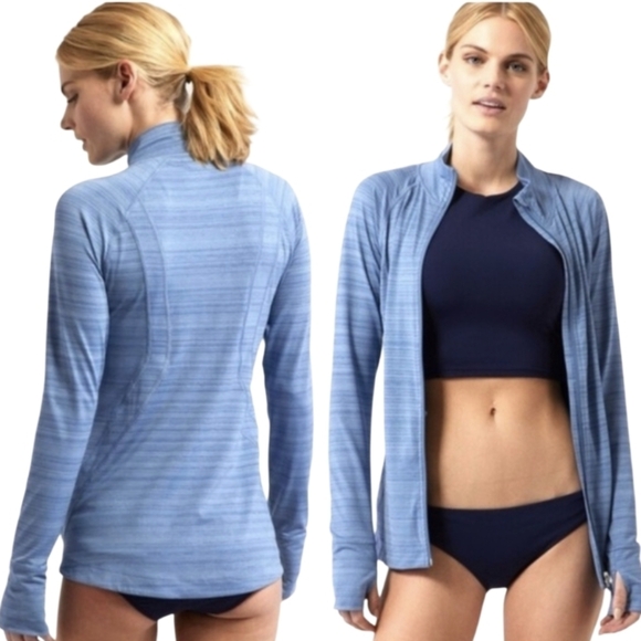 Athleta Jackets & Blazers - ATHLETA Pacifica Illume UPF Blue Brushed Stripe Athletic Run Jacket! L NEW